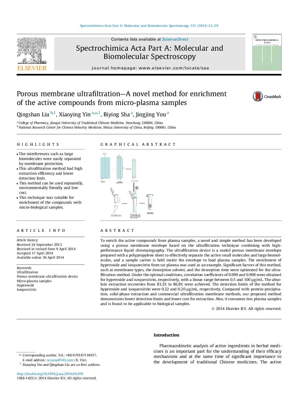 Porous membrane ultrafiltration-A novel method for enrichment of the active compounds from micro-plasma samples