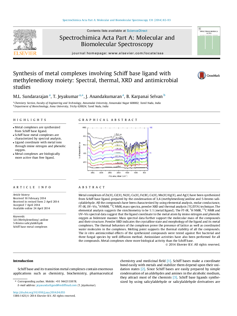 Synthesis of metal complexes involving Schiff base ligand with methylenedioxy moiety: Spectral, thermal, XRD and antimicrobial studies