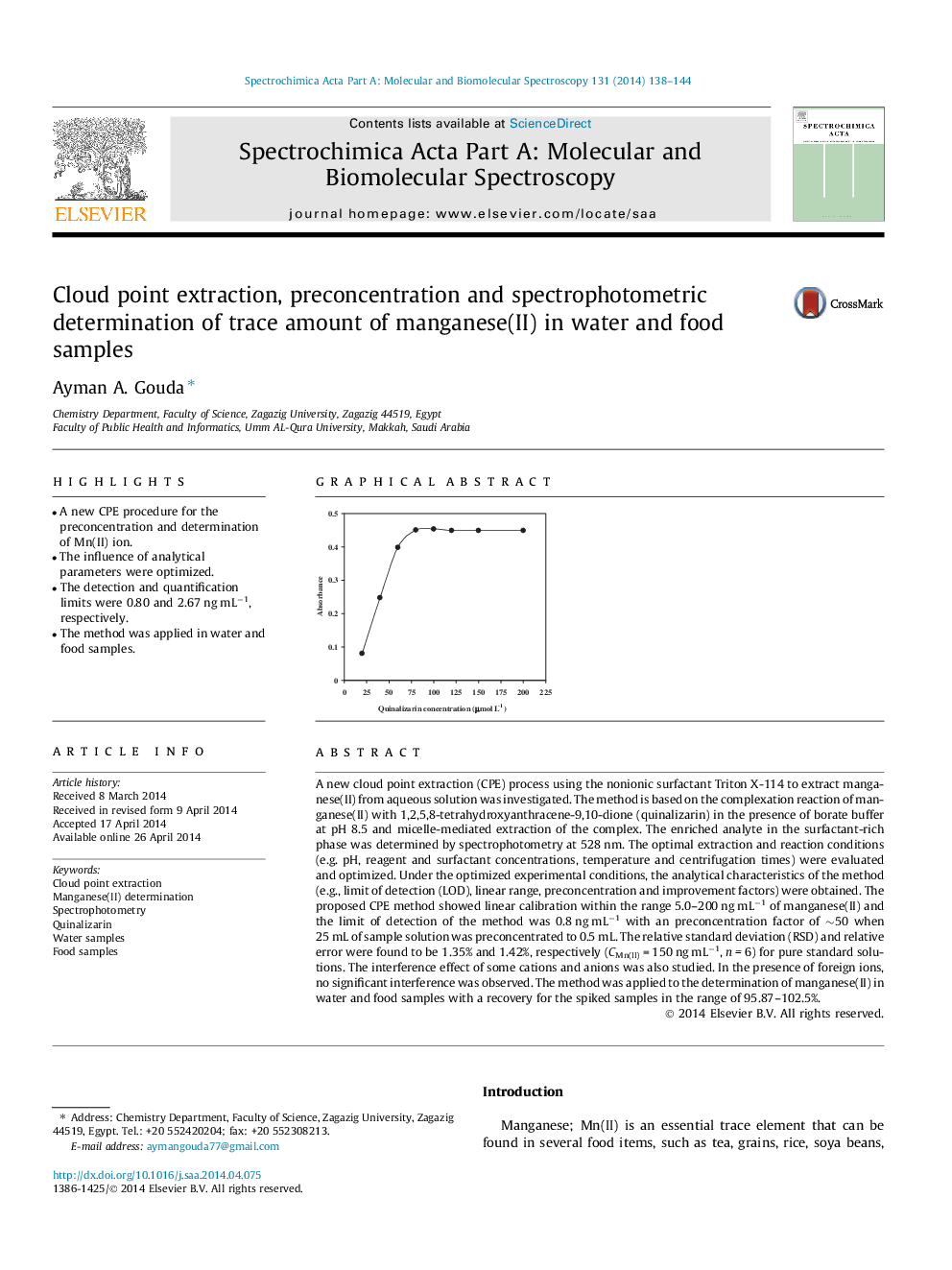 Cloud point extraction, preconcentration and spectrophotometric determination of trace amount of manganese(II) in water and food samples