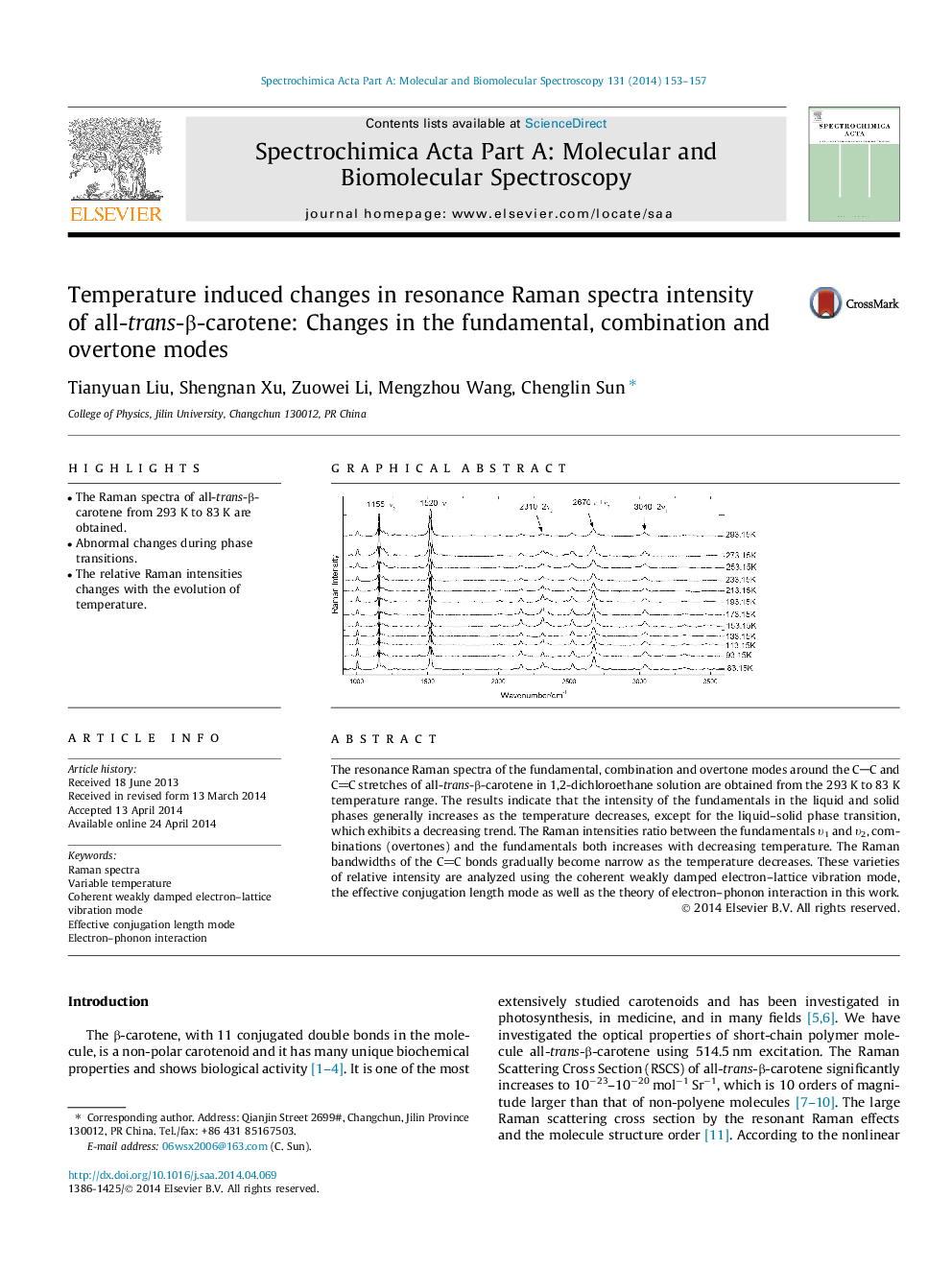 Temperature induced changes in resonance Raman spectra intensity of all-trans-Î²-carotene: Changes in the fundamental, combination and overtone modes