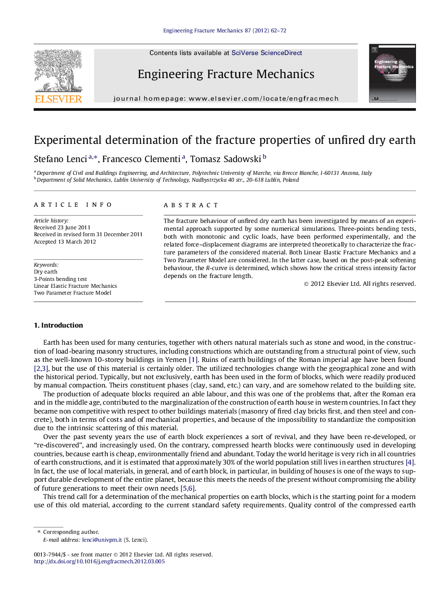 Experimental determination of the fracture properties of unfired dry earth