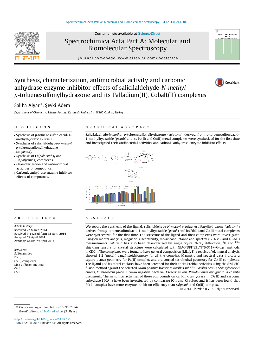 Synthesis, characterization, antimicrobial activity and carbonic anhydrase enzyme inhibitor effects of salicilaldehyde-N-methyl p-toluenesulfonylhydrazone and its Palladium(II), Cobalt(II) complexes