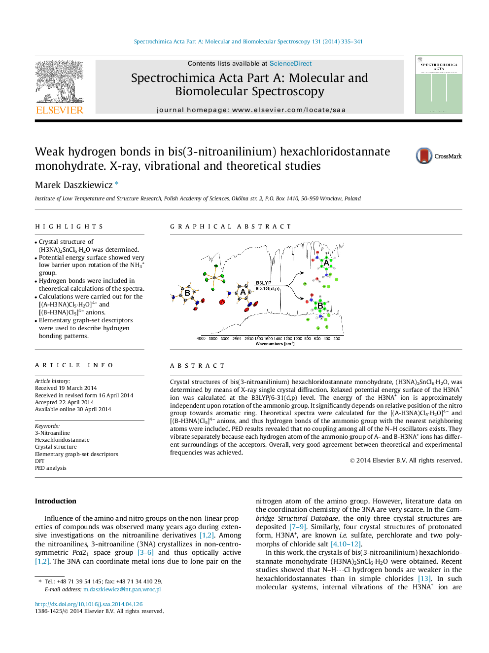 Weak hydrogen bonds in bis(3-nitroanilinium) hexachloridostannate monohydrate. X-ray, vibrational and theoretical studies