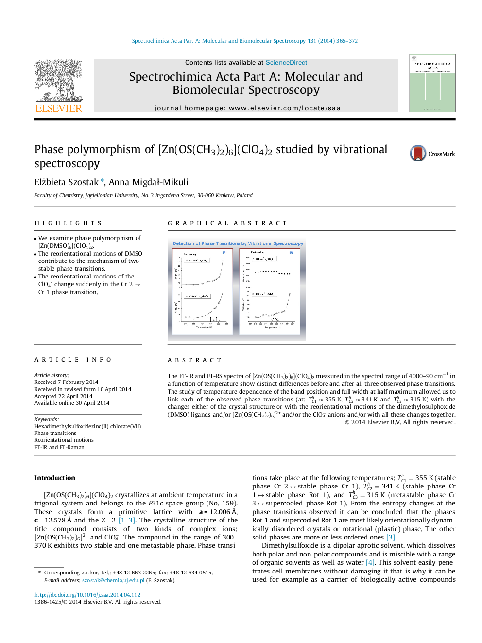 Phase polymorphism of [Zn(OS(CH3)2)6](ClO4)2 studied by vibrational spectroscopy