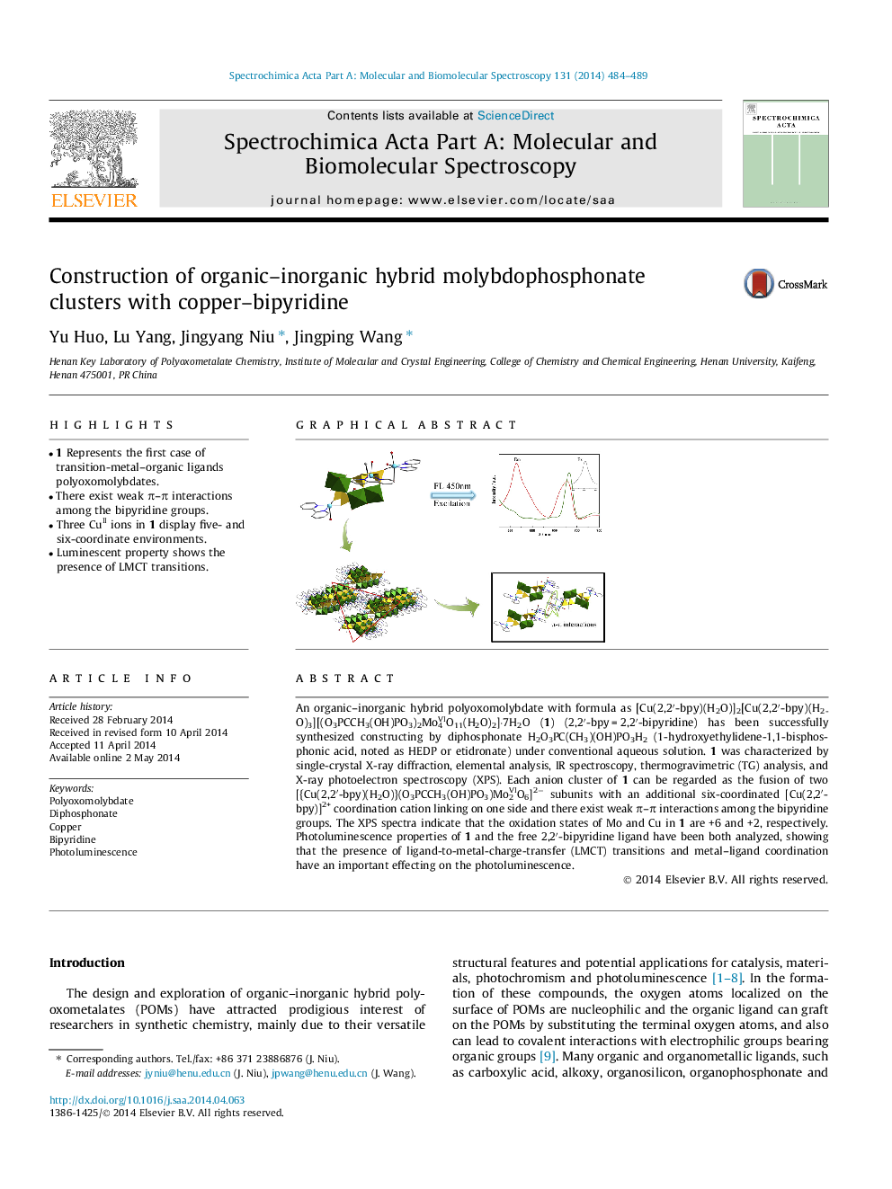 Construction of organic-inorganic hybrid molybdophosphonate clusters with copper-bipyridine