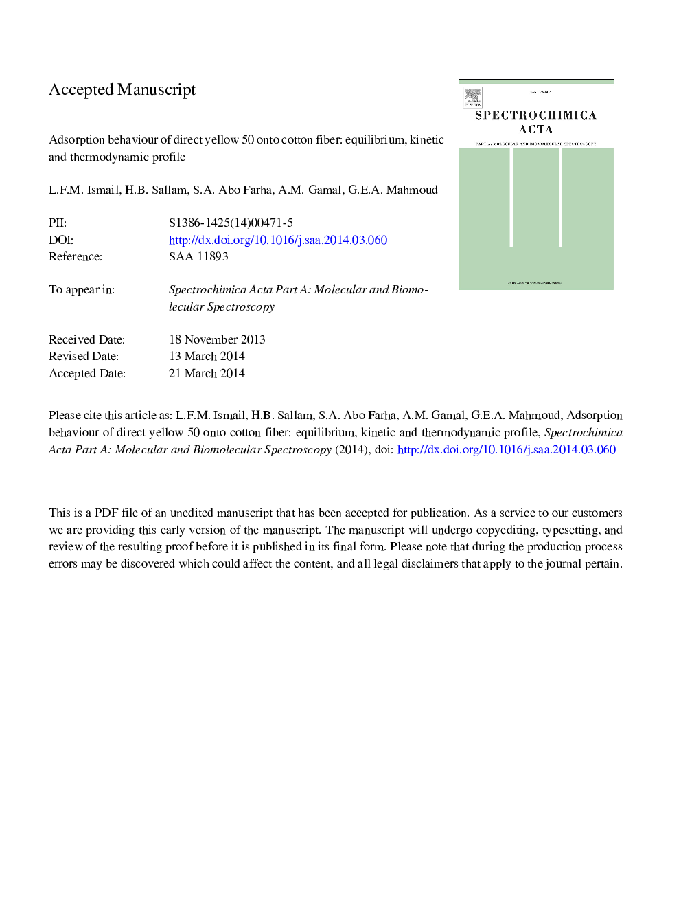 Adsorption behaviour of direct yellow 50 onto cotton fiber: Equilibrium, kinetic and thermodynamic profile