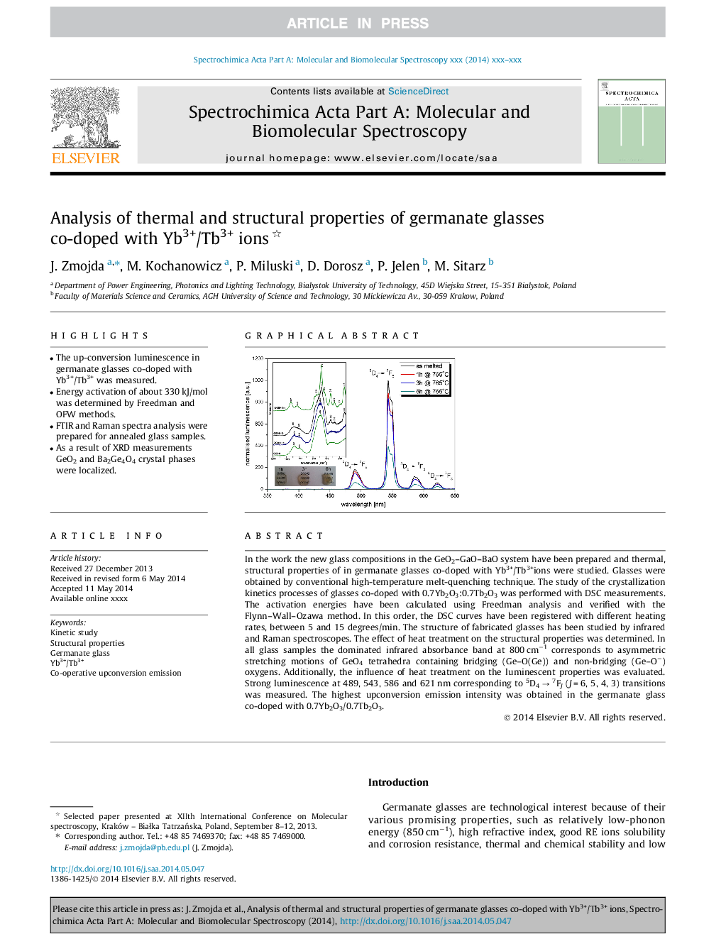 Analysis of thermal and structural properties of germanate glasses co-doped with Yb3+/Tb3+ ions