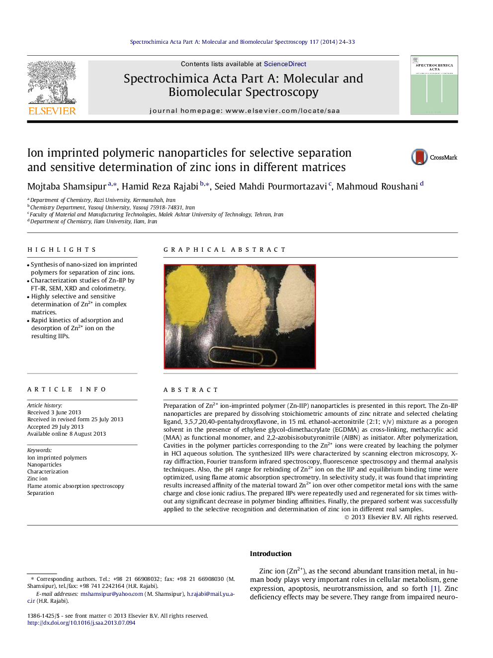 Ion imprinted polymeric nanoparticles for selective separation and sensitive determination of zinc ions in different matrices