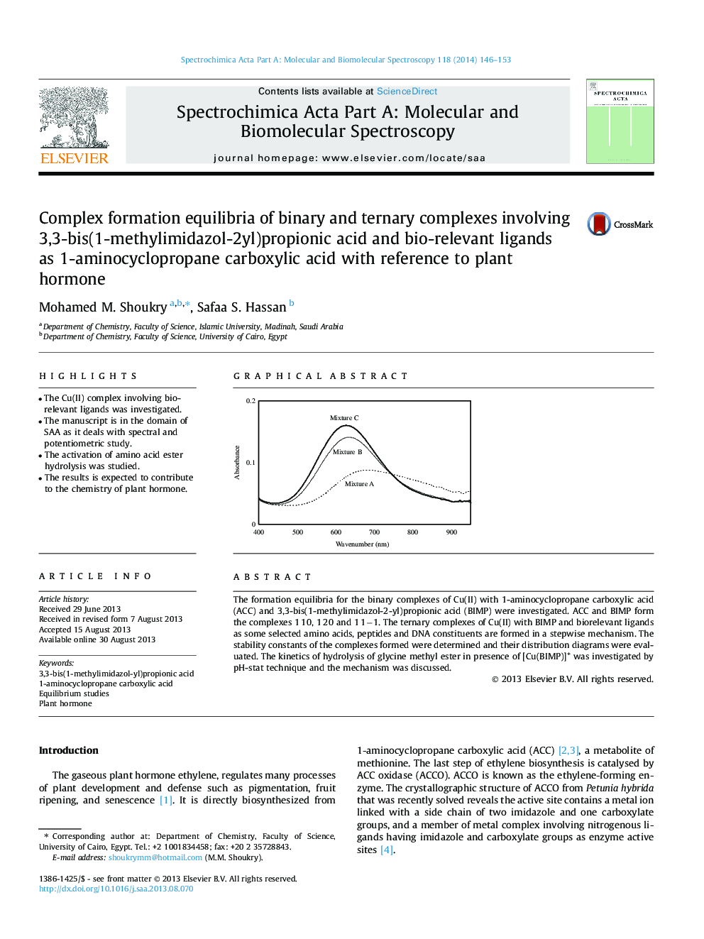 Complex formation equilibria of binary and ternary complexes involving 3,3-bis(1-methylimidazol-2yl)propionic acid and bio-relevant ligands as 1-aminocyclopropane carboxylic acid with reference to plant hormone