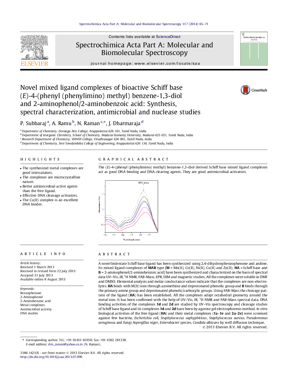 Novel mixed ligand complexes of bioactive Schiff base (E)-4-(phenyl (phenylimino) methyl) benzene-1,3-diol and 2-aminophenol/2-aminobenzoic acid: Synthesis, spectral characterization, antimicrobial and nuclease studies