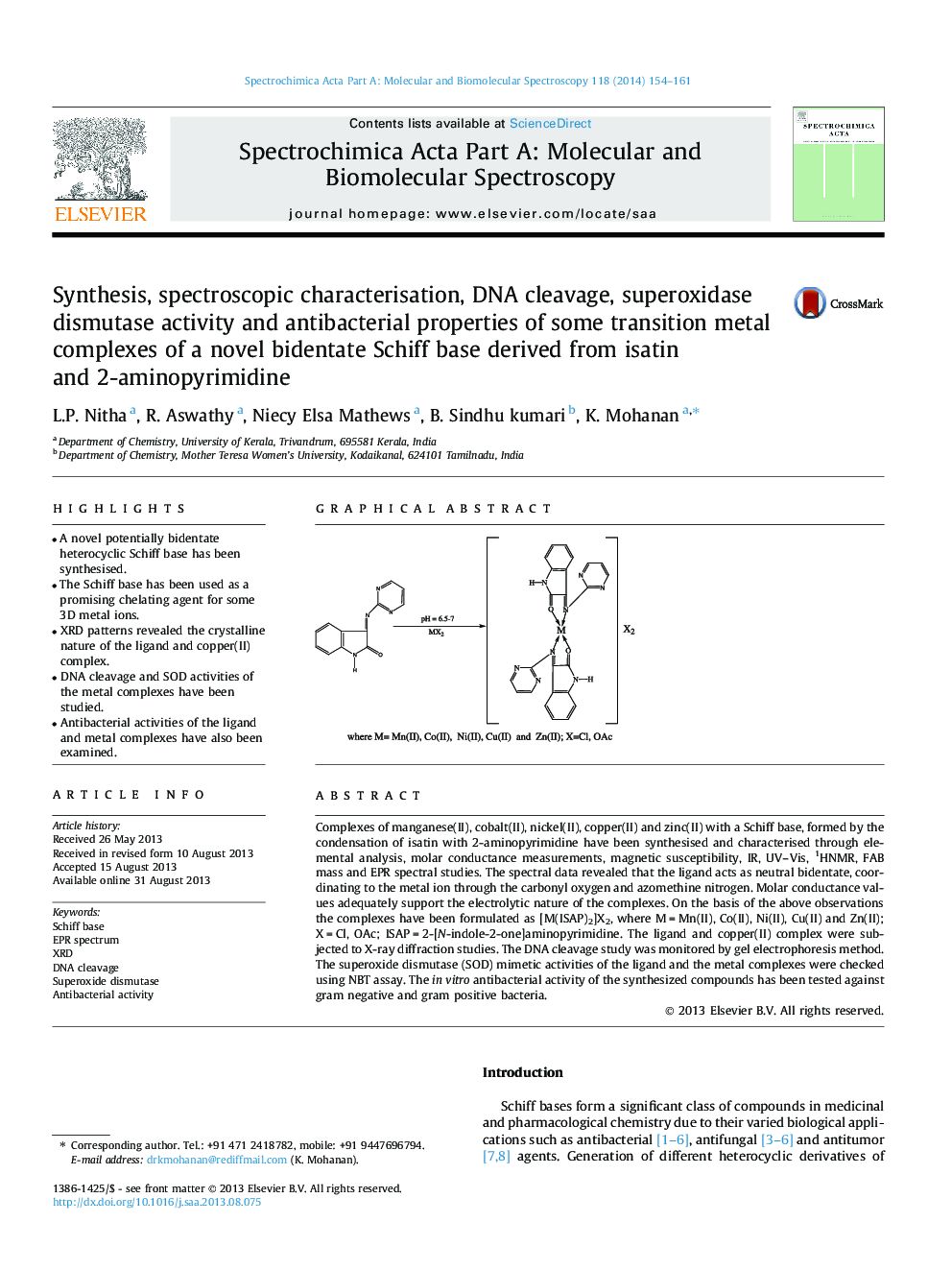 Synthesis, spectroscopic characterisation, DNA cleavage, superoxidase dismutase activity and antibacterial properties of some transition metal complexes of a novel bidentate Schiff base derived from isatin and 2-aminopyrimidine