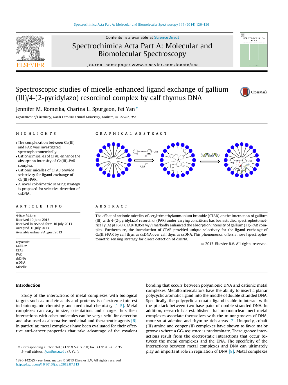 عکس صفحه اول مقاله: Spectroscopic studies of micelle-enhanced ligand exchange of gallium (III)/4-(2-pyridylazo) resorcinol complex by calf thymus DNA Spectroscopic studies of micelle-enhanced ligand exchange of gallium (III)/4-(2-pyridylazo) resorcinol complex by calf thymus DNA