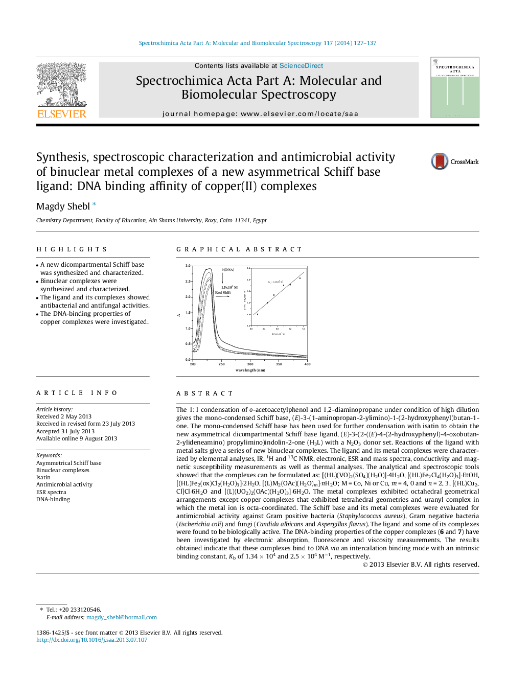 Synthesis, spectroscopic characterization and antimicrobial activity of binuclear metal complexes of a new asymmetrical Schiff base ligand: DNA binding affinity of copper(II) complexes