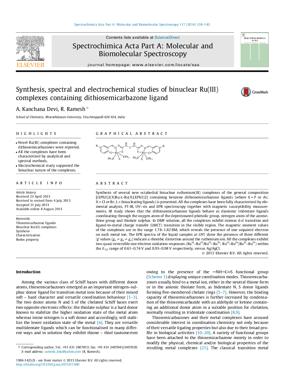 Synthesis, spectral and electrochemical studies of binuclear Ru(III) complexes containing dithiosemicarbazone ligand