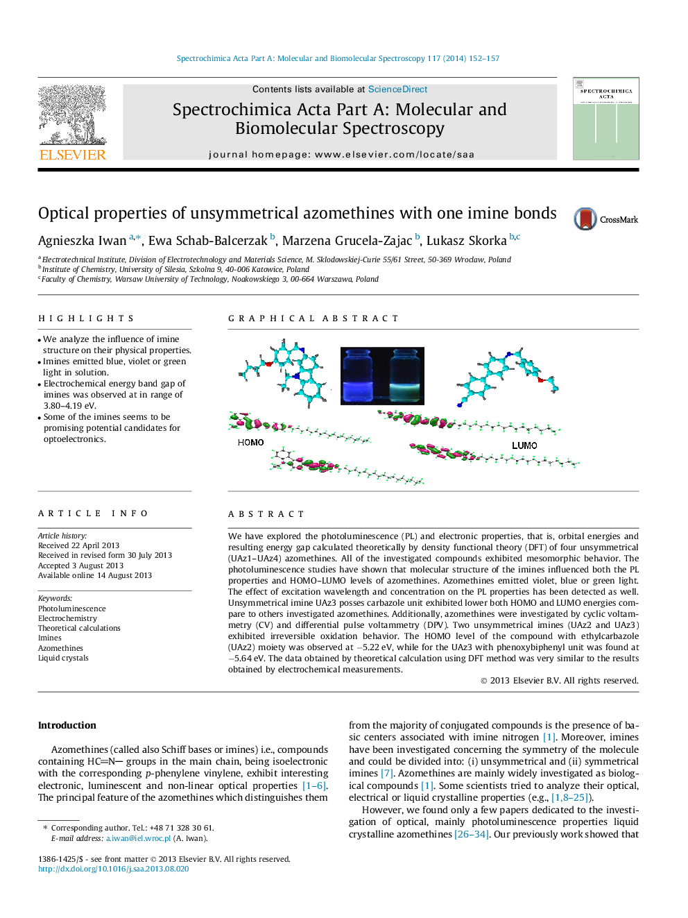 Optical properties of unsymmetrical azomethines with one imine bonds