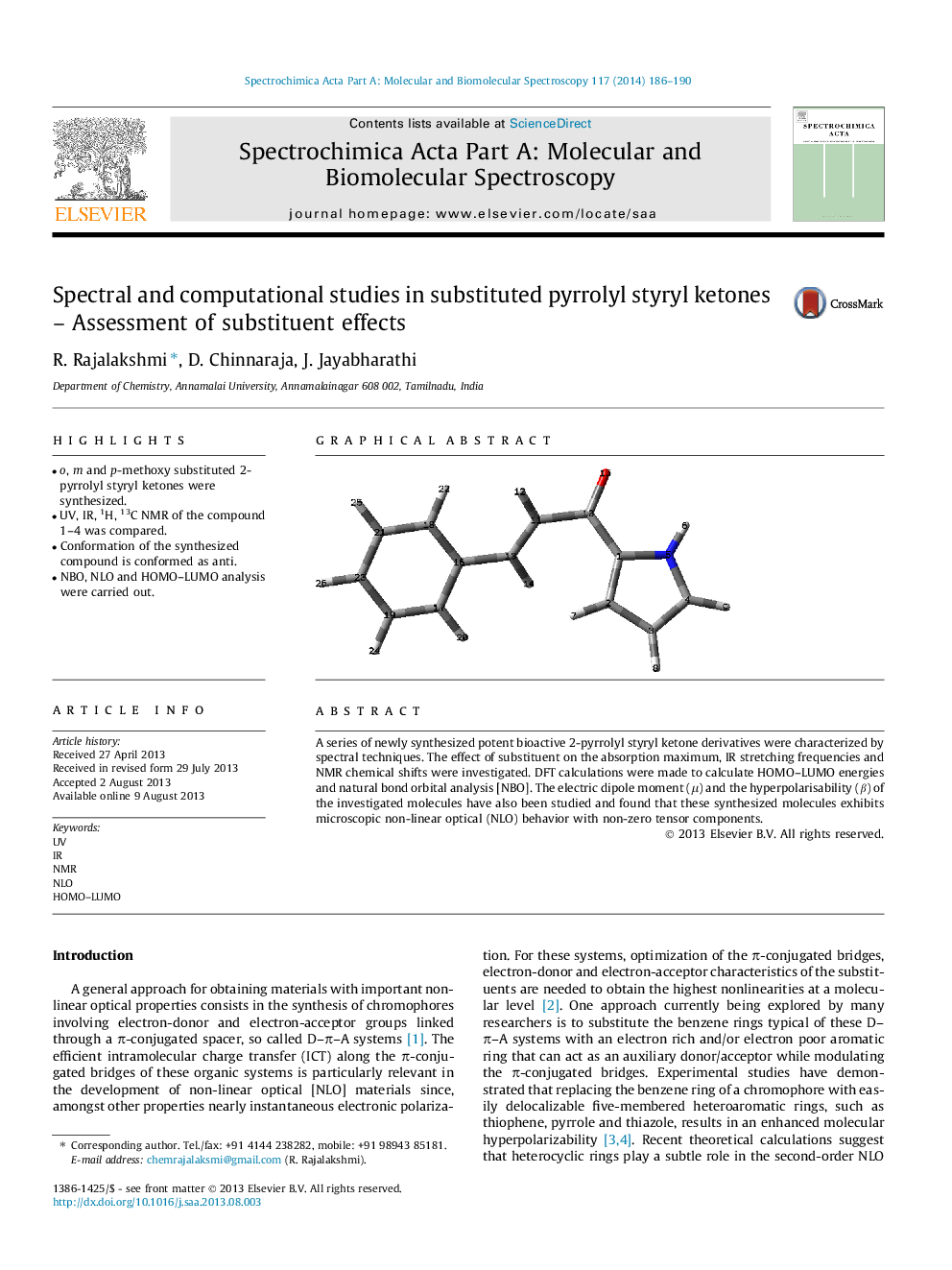 Spectral and computational studies in substituted pyrrolyl styryl ketones - Assessment of substituent effects