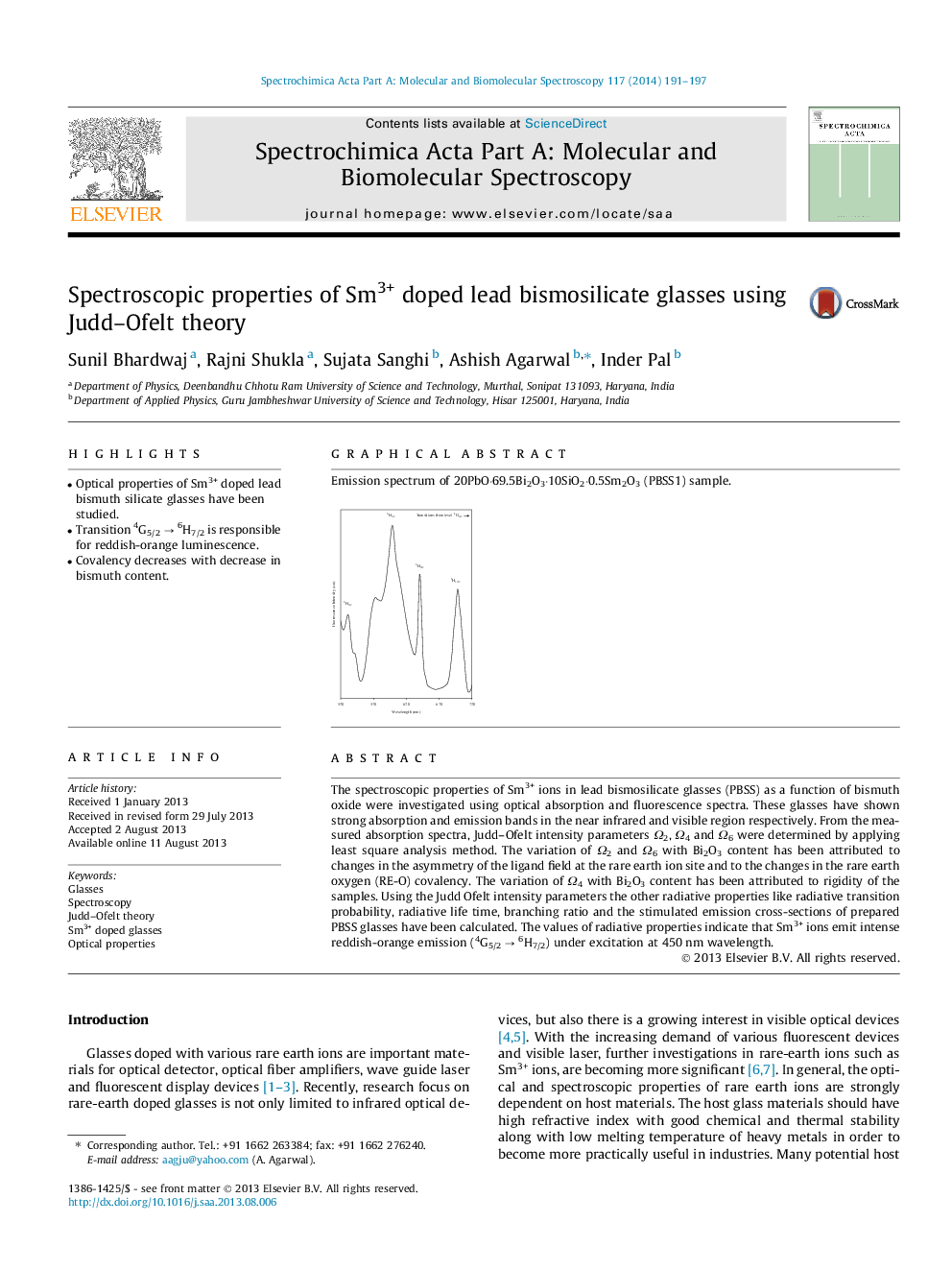 Spectroscopic properties of Sm3+ doped lead bismosilicate glasses using Judd-Ofelt theory