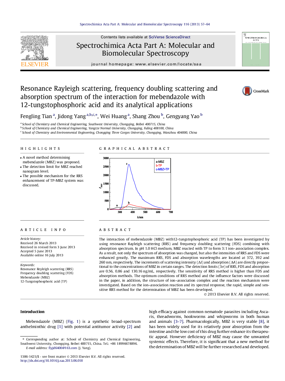 پراکندگی رزونانس ریلی، پراکندگی دو برابر شدن فرکانس و طیف جذبی از تعامل برای ماندندازول با اسید 12 تنگستوفسفریک و برنامه های کاربردی آن 
