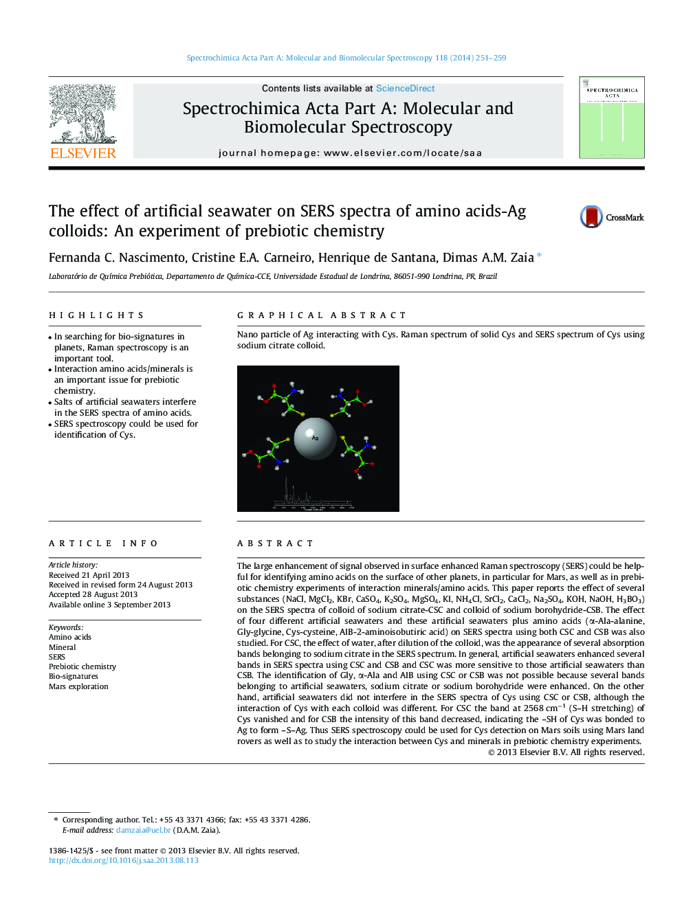 عکس صفحه اول مقاله: The effect of artificial seawater on SERS spectra of amino acids-Ag colloids: An experiment of prebiotic chemistry The effect of artificial seawater on SERS spectra of amino acids-Ag colloids: An experiment of prebiotic chemistry