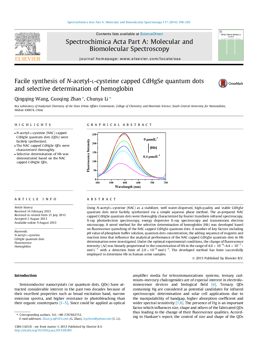 Facile synthesis of N-acetyl-l-cysteine capped CdHgSe quantum dots and selective determination of hemoglobin