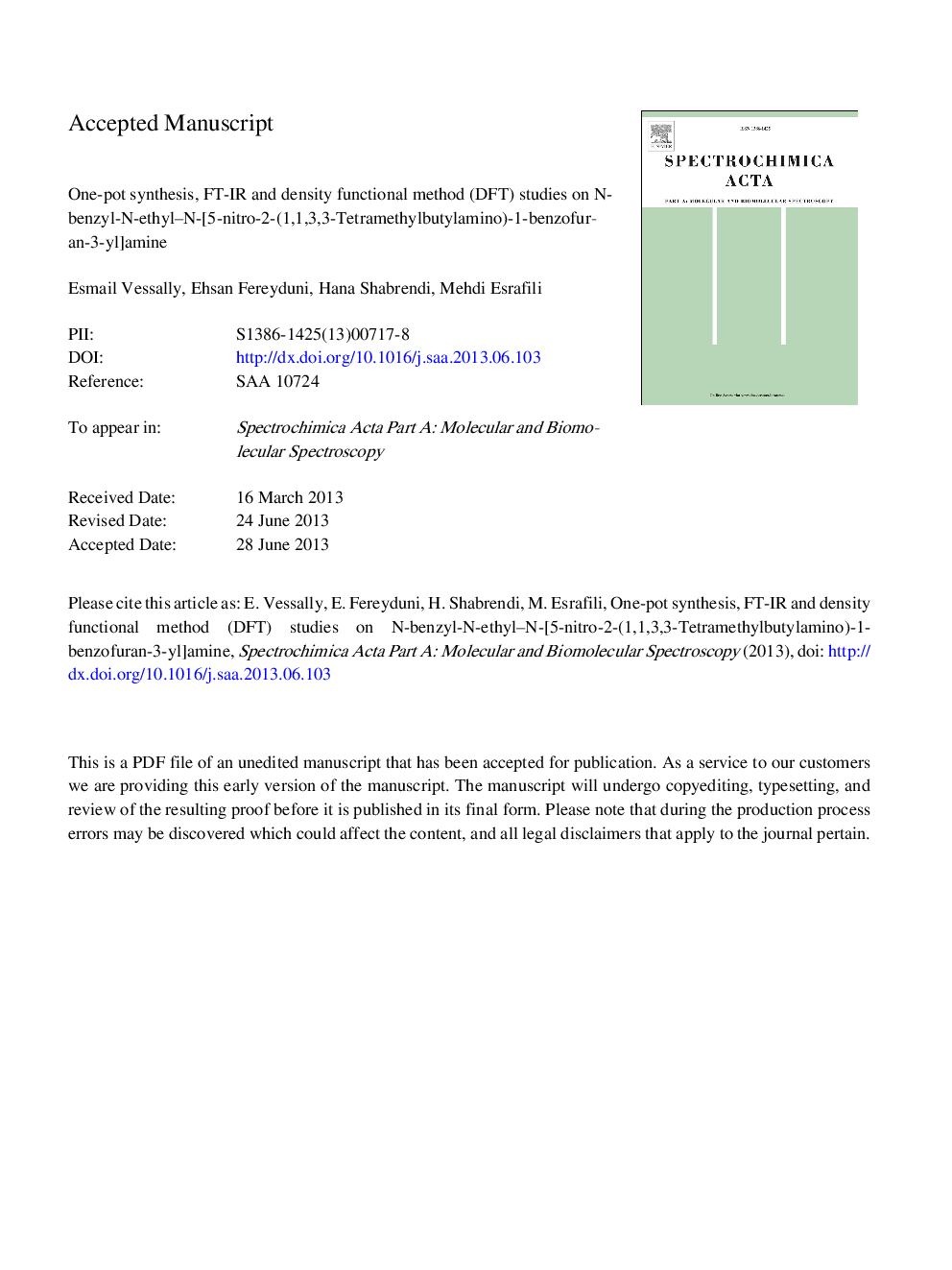 One-pot synthesis, FT-IR and density functional method (DFT) studies on N-benzyl-N-ethyl-N-[5-nitro-2-(1,1,3,3-Tetramethylbutylamino)-1-benzofuran-3-yl]amine