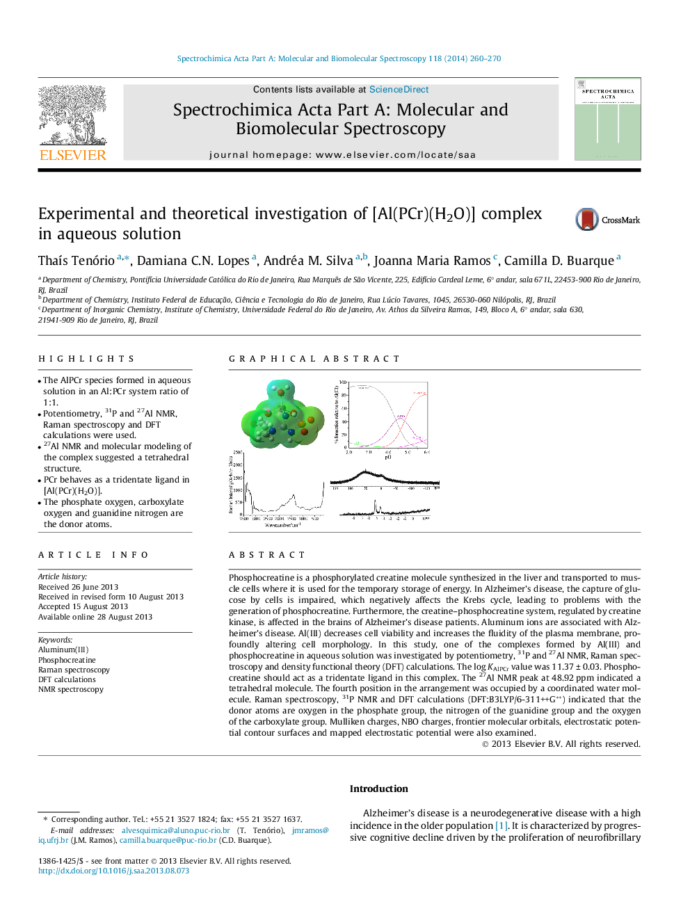 Experimental and theoretical investigation of [Al(PCr)(H2O)] complex in aqueous solution