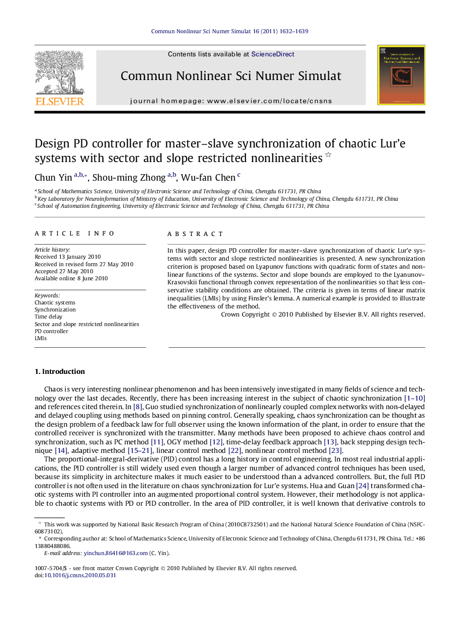 Design PD controller for master–slave synchronization of chaotic Lur’e systems with sector and slope restricted nonlinearities 