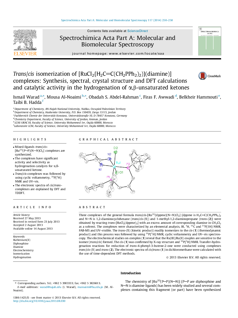 Trans/cis isomerization of [RuCl2{H2CC(CH2PPh2)2)}(diamine)] complexes: Synthesis, spectral, crystal structure and DFT calculations and catalytic activity in the hydrogenation of Î±,Î²-unsaturated ketones