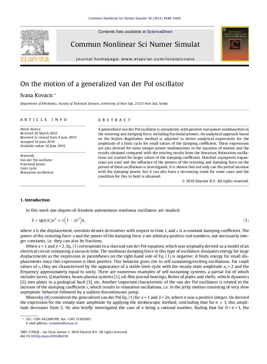 On the motion of a generalized van der Pol oscillator