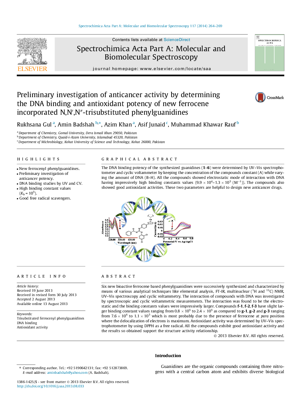 Preliminary investigation of anticancer activity by determining the DNA binding and antioxidant potency of new ferrocene incorporated N,Nâ²,Nâ³-trisubstituted phenylguanidines