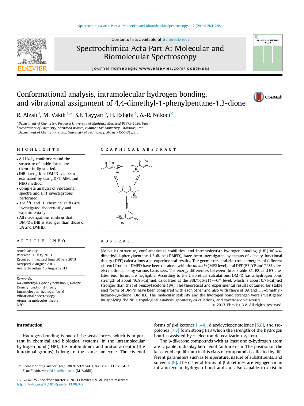 Conformational analysis, intramolecular hydrogen bonding, and vibrational assignment of 4,4-dimethyl-1-phenylpentane-1,3-dione