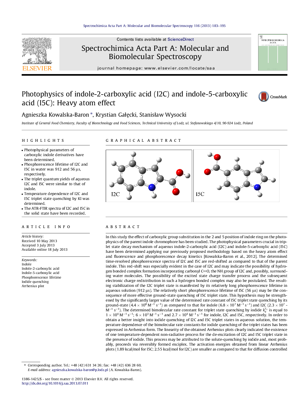 Photophysics of indole-2-carboxylic acid (I2C) and indole-5-carboxylic acid (I5C): Heavy atom effect