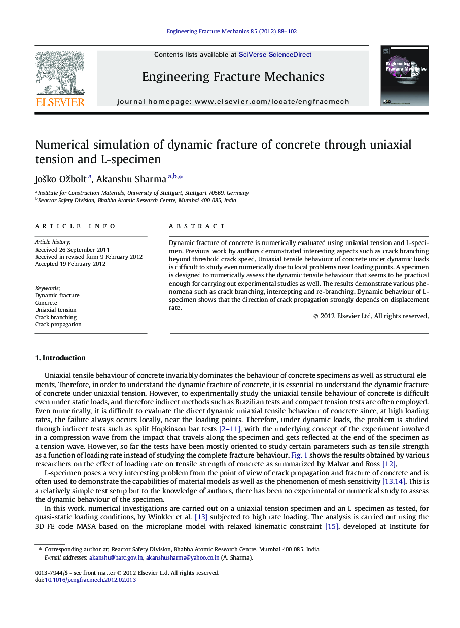 Numerical simulation of dynamic fracture of concrete through uniaxial tension and L-specimen