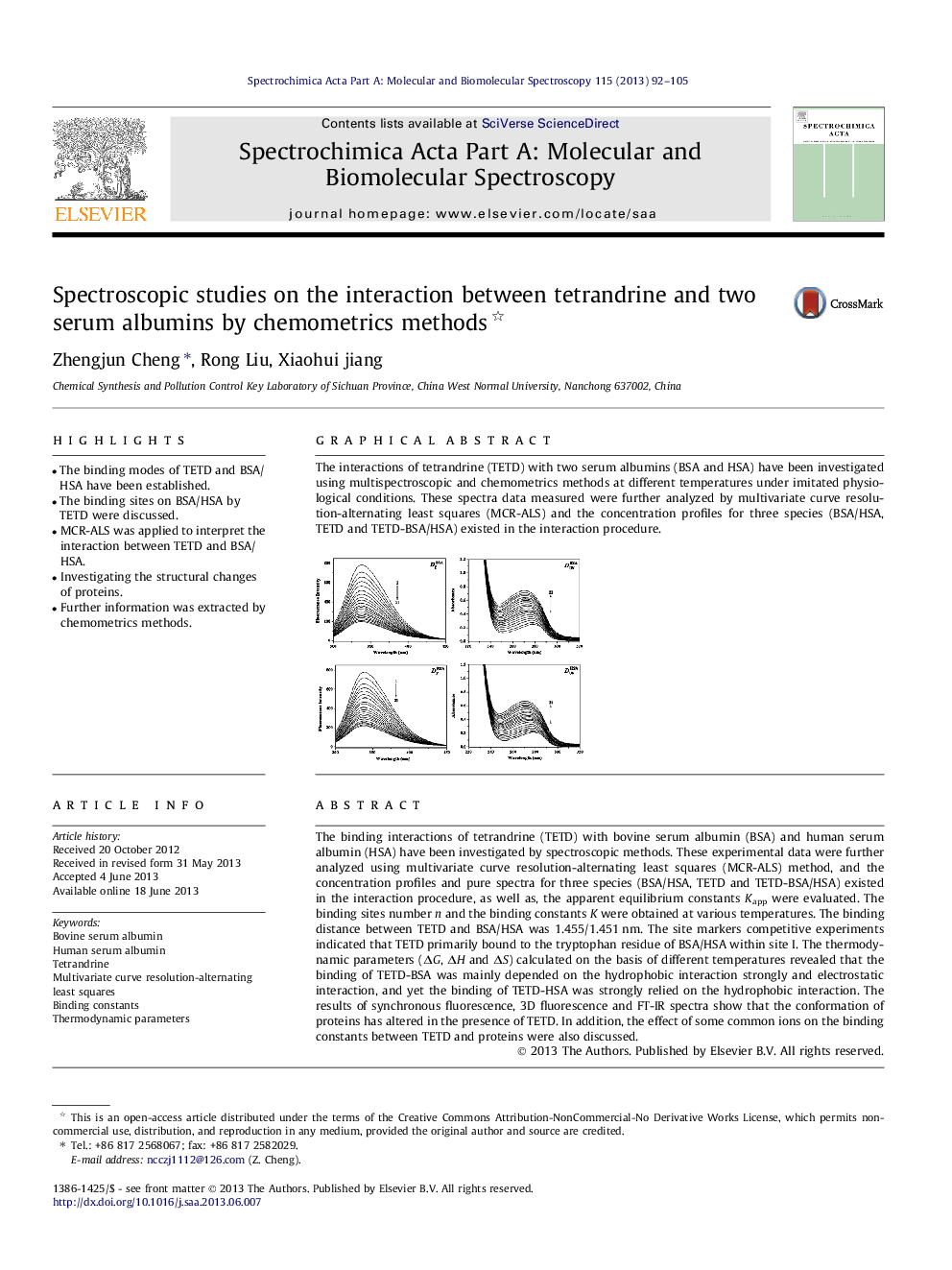 Spectroscopic studies on the interaction between tetrandrine and two serum albumins by chemometrics methods