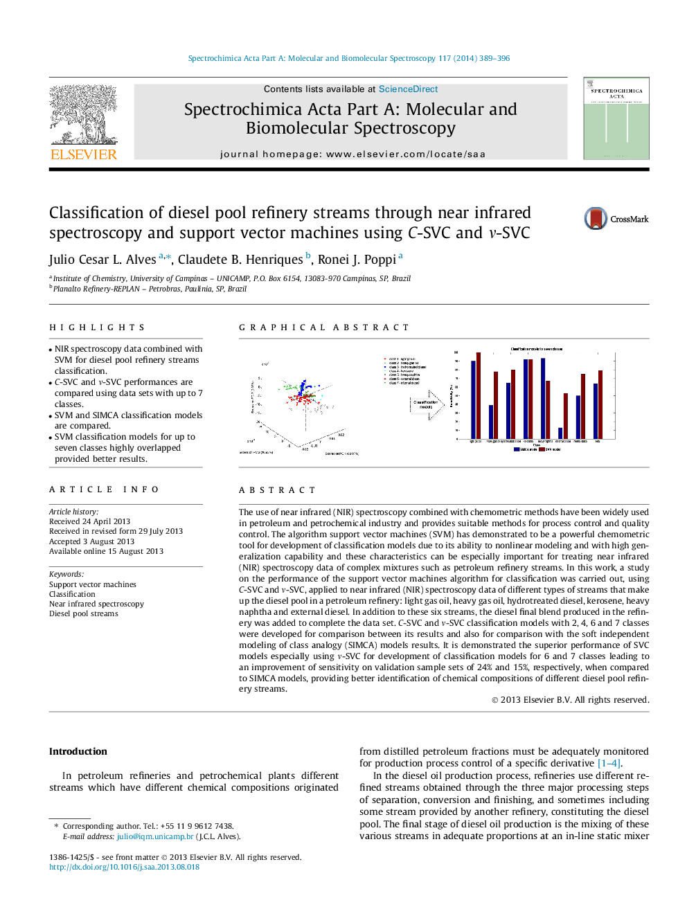 Classification of diesel pool refinery streams through near infrared spectroscopy and support vector machines using C-SVC and Î½-SVC