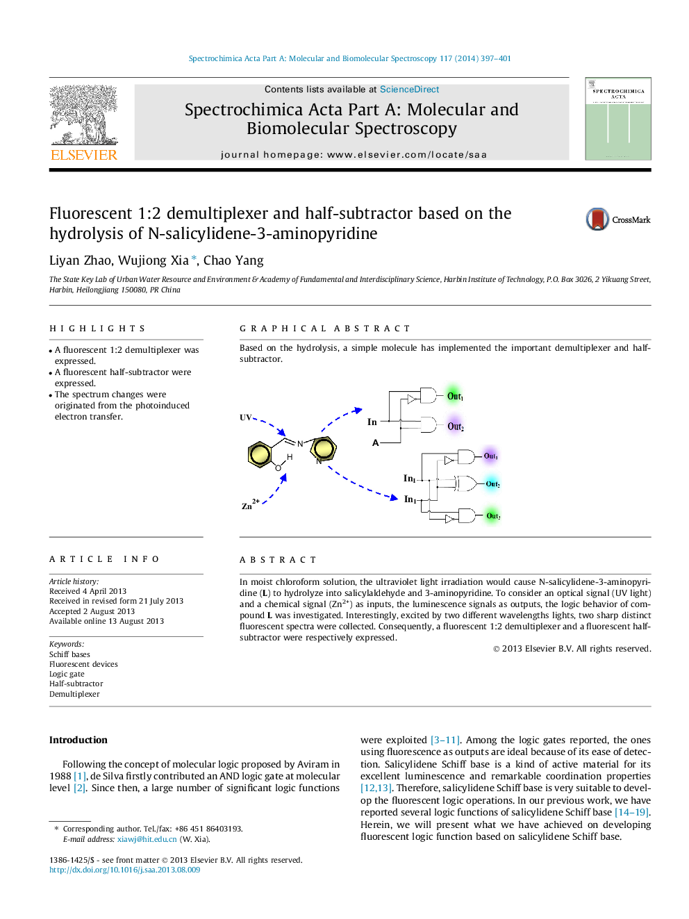 Fluorescent 1:2 demultiplexer and half-subtractor based on the hydrolysis of N-salicylidene-3-aminopyridine