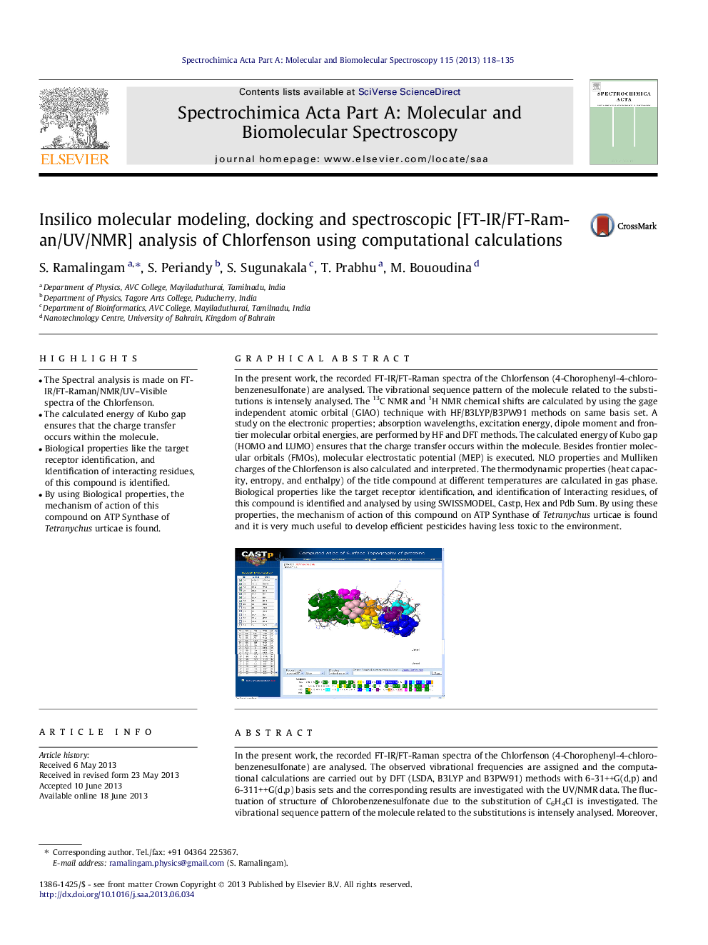 Insilico molecular modeling, docking and spectroscopic [FT-IR/FT-Raman/UV/NMR] analysis of Chlorfenson using computational calculations