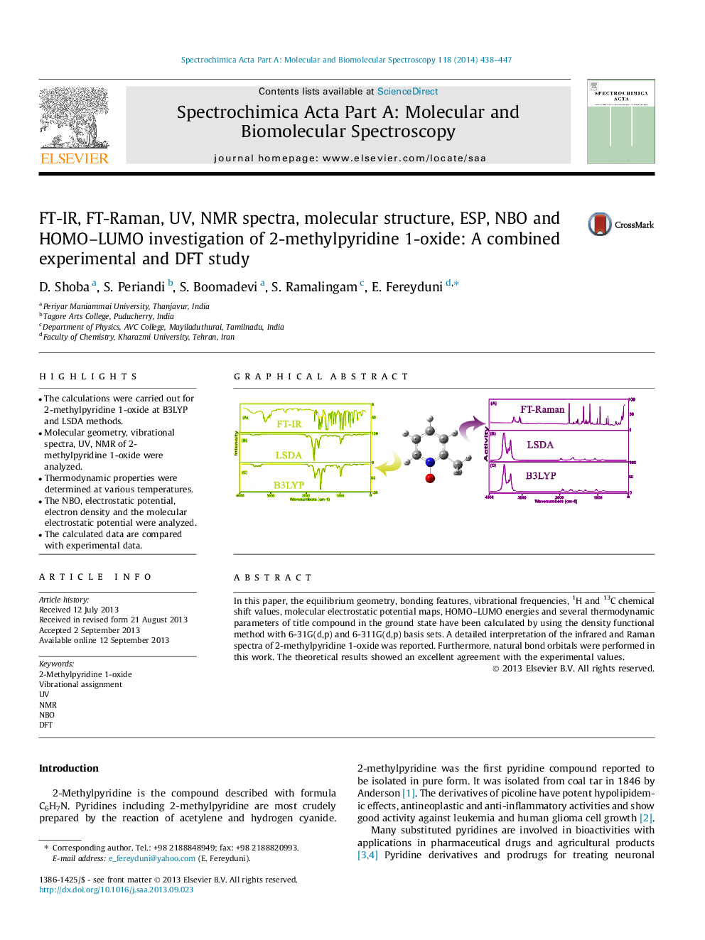 FT-IR, FT-Raman, UV, NMR spectra, molecular structure, ESP, NBO and HOMO-LUMO investigation of 2-methylpyridine 1-oxide: A combined experimental and DFT study