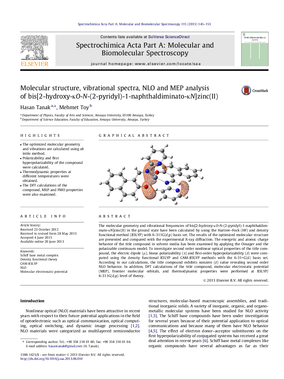 Molecular structure, vibrational spectra, NLO and MEP analysis of bis[2-hydroxy-ÐºO-N-(2-pyridyl)-1-naphthaldiminato-ÐºN]zinc(II)