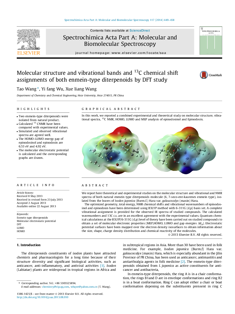 Molecular structure and vibrational bands and 13C chemical shift assignments of both enmein-type diterpenoids by DFT study