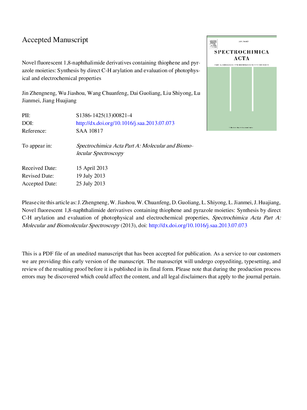 Novel fluorescent 1,8-naphthalimide derivatives containing thiophene and pyrazole moieties: Synthesis by direct C-H arylation and evaluation of photophysical and electrochemical properties