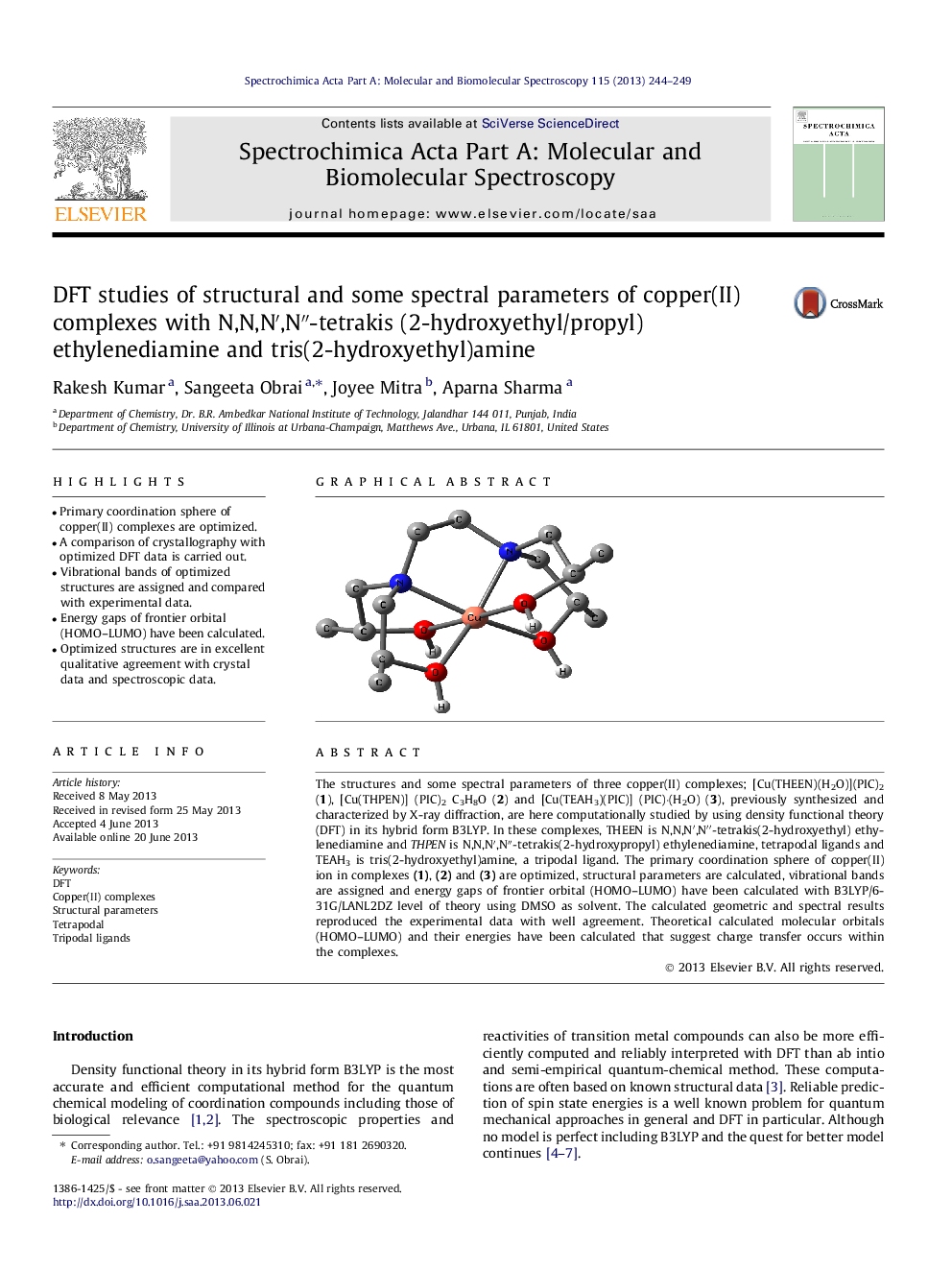 DFT studies of structural and some spectral parameters of copper(II) complexes with N,N,Nâ²,Nâ³-tetrakis (2-hydroxyethyl/propyl) ethylenediamine and tris(2-hydroxyethyl)amine