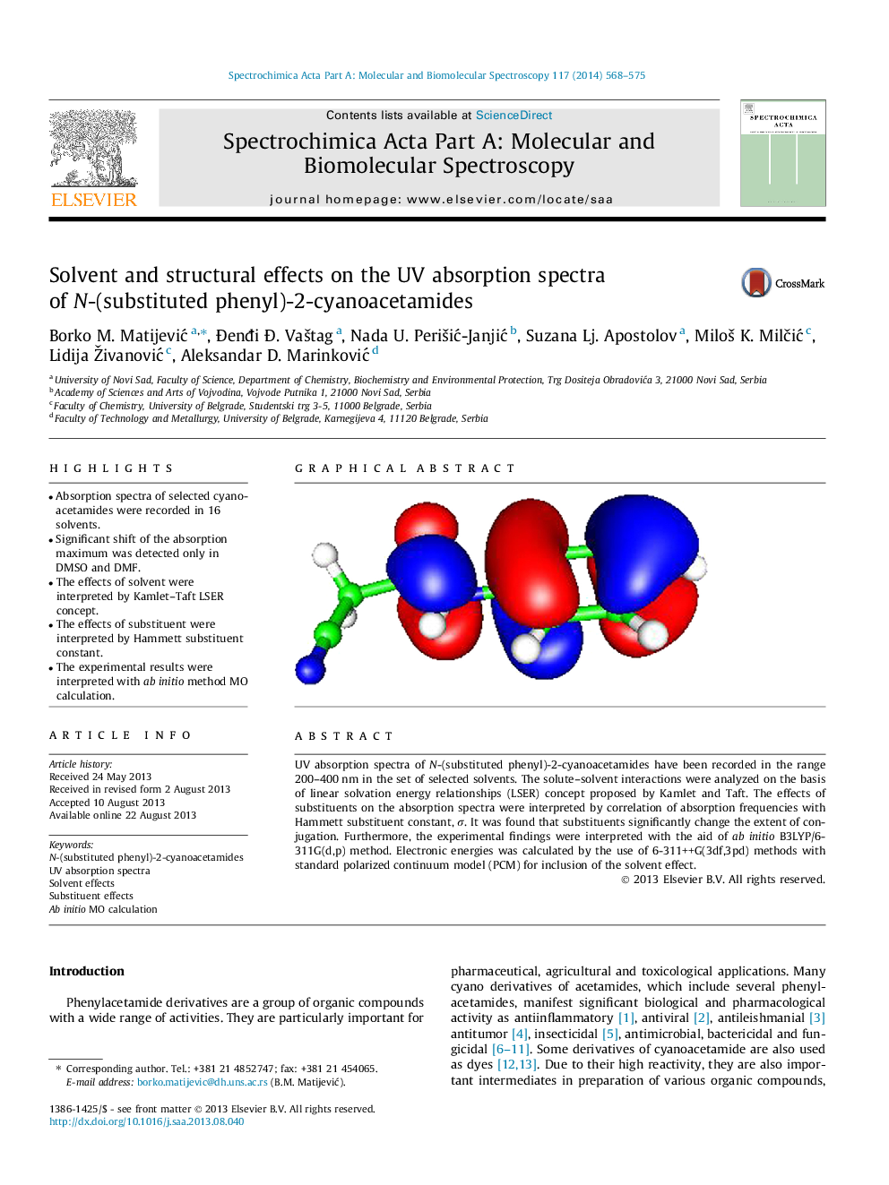 Solvent and structural effects on the UV absorption spectra of N-(substituted phenyl)-2-cyanoacetamides