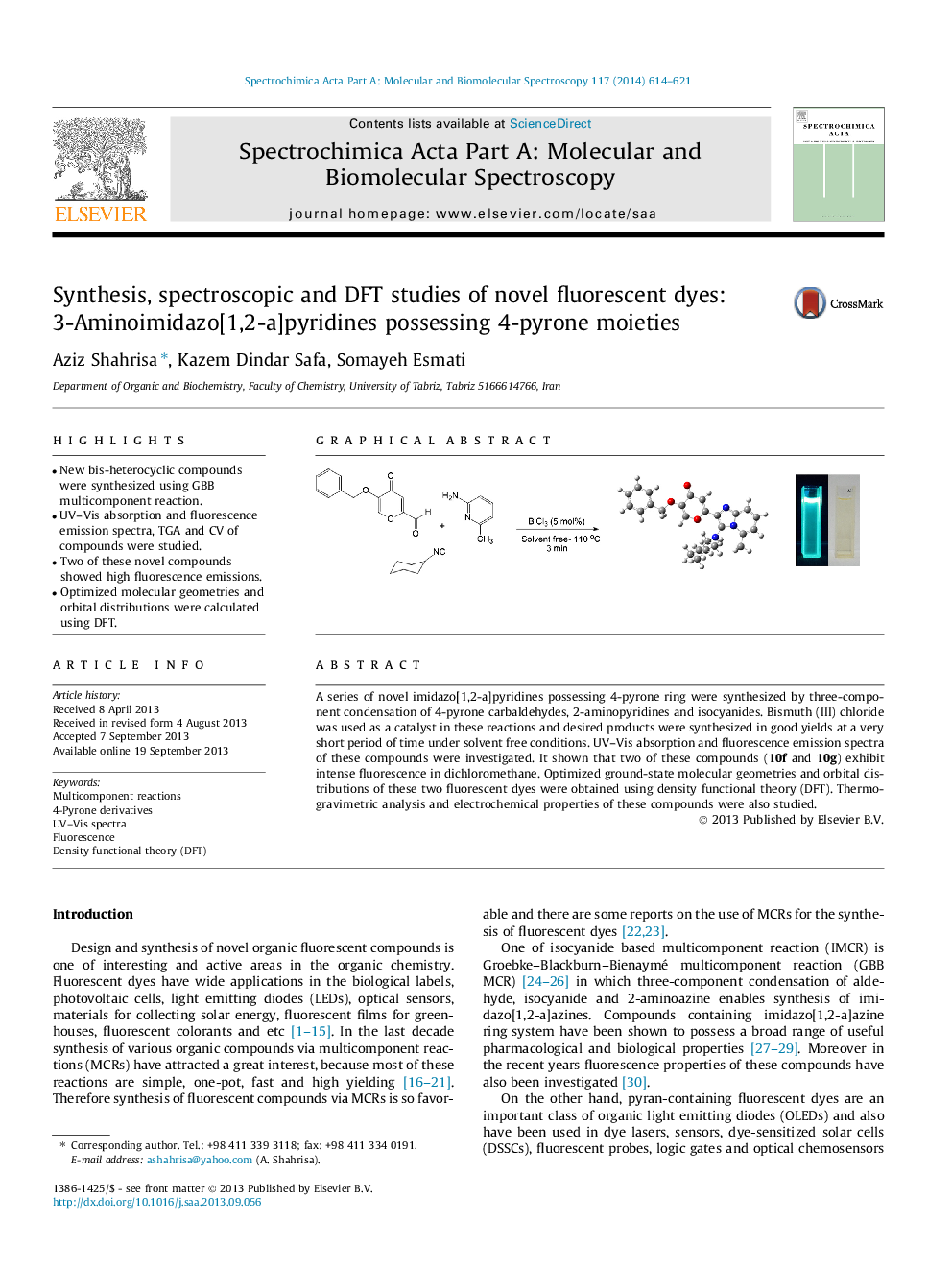 Synthesis, spectroscopic and DFT studies of novel fluorescent dyes: 3-Aminoimidazo[1,2-a]pyridines possessing 4-pyrone moieties