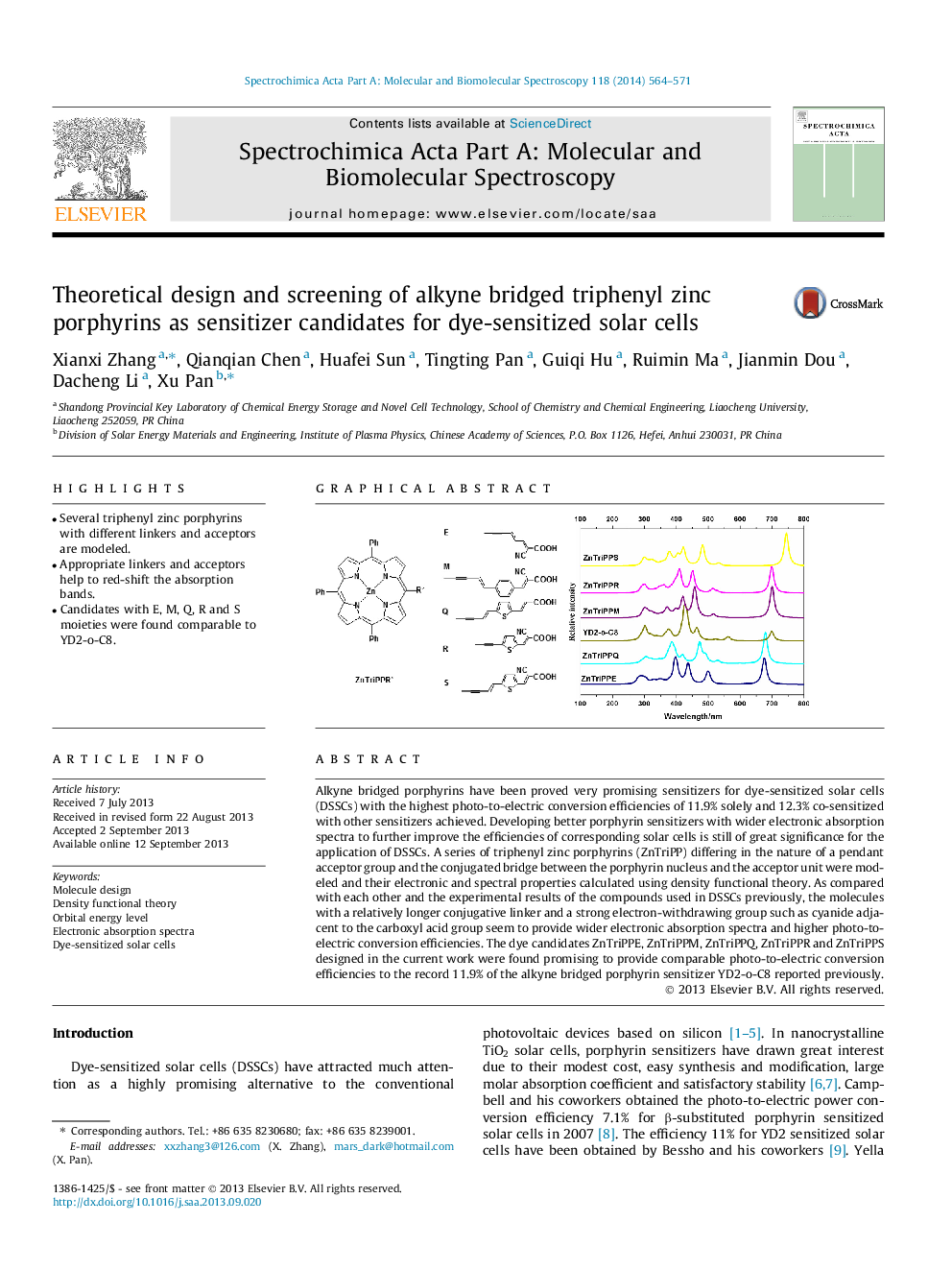 Theoretical design and screening of alkyne bridged triphenyl zinc porphyrins as sensitizer candidates for dye-sensitized solar cells