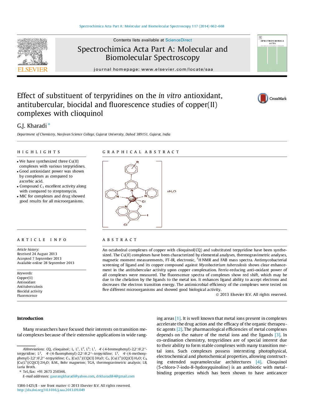 عکس صفحه اول مقاله: Effect of substituent of terpyridines on the in vitro antioxidant, antitubercular, biocidal and fluorescence studies of copper(II) complexes with clioquinol Effect of substituent of terpyridines on the in vitro antioxidant, antitubercular, biocidal and fluorescence studies of copper(II) complexes with clioquinol