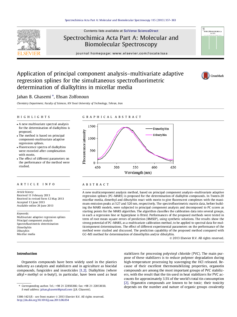 Application of principal component analysis-multivariate adaptive regression splines for the simultaneous spectrofluorimetric determination of dialkyltins in micellar media