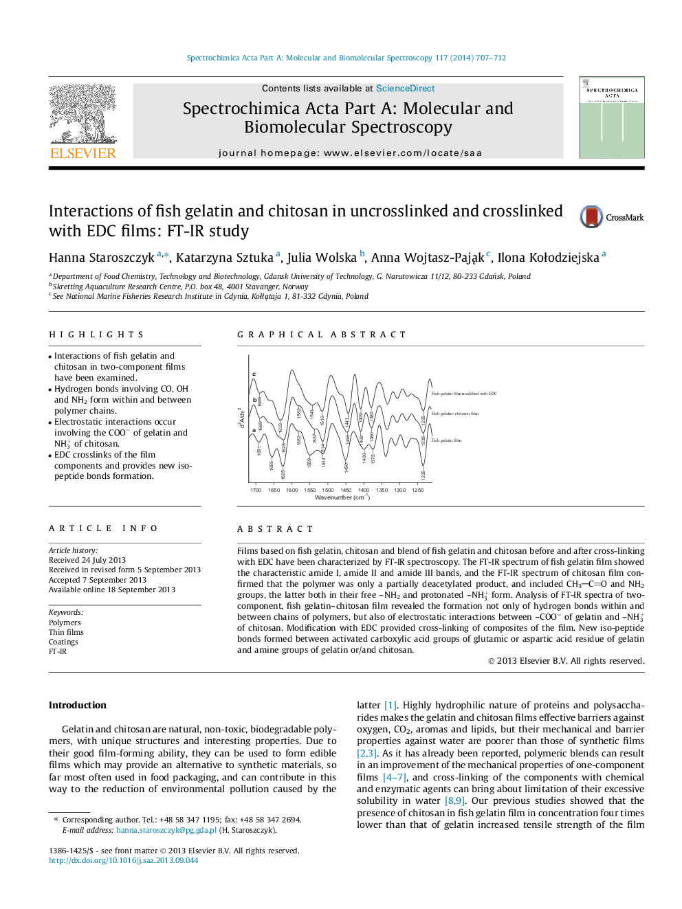 Interactions of fish gelatin and chitosan in uncrosslinked and crosslinked with EDC films: FT-IR study