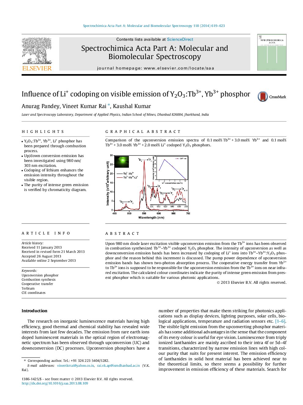 Influence of Li+ codoping on visible emission of Y2O3:Tb3+, Yb3+ phosphor