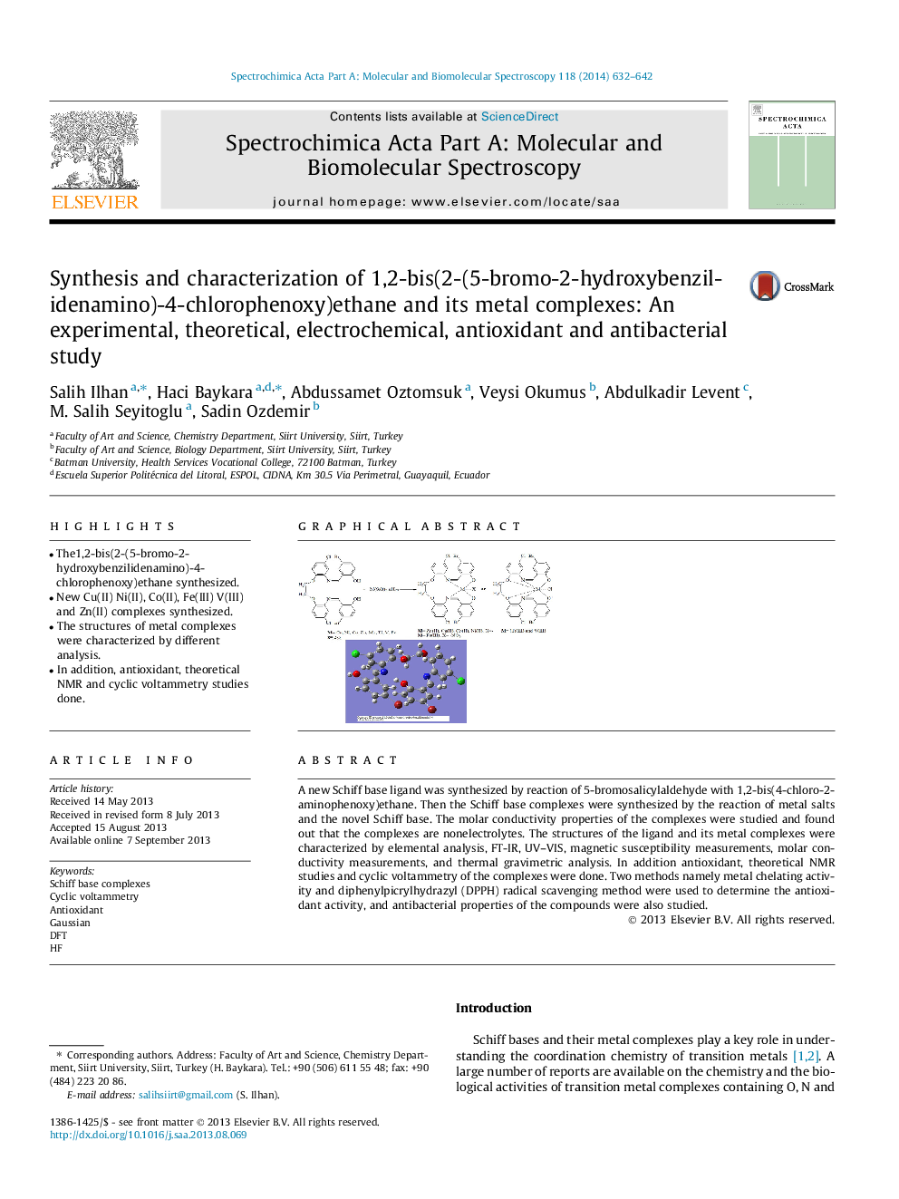 Synthesis and characterization of 1,2-bis(2-(5-bromo-2-hydroxybenzilidenamino)-4-chlorophenoxy)ethane and its metal complexes: An experimental, theoretical, electrochemical, antioxidant and antibacterial study